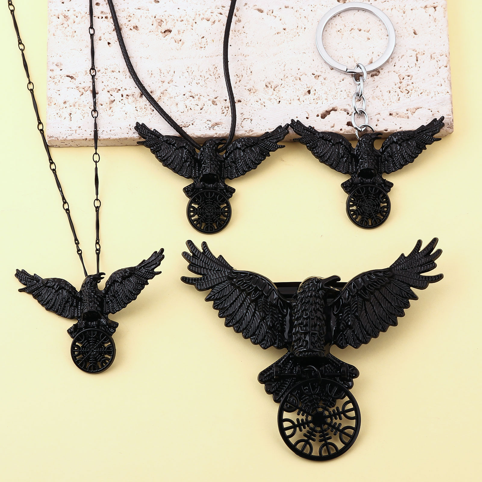 Compass Keychain Mini - Vintage Viking Black Crow Necklace Odin
